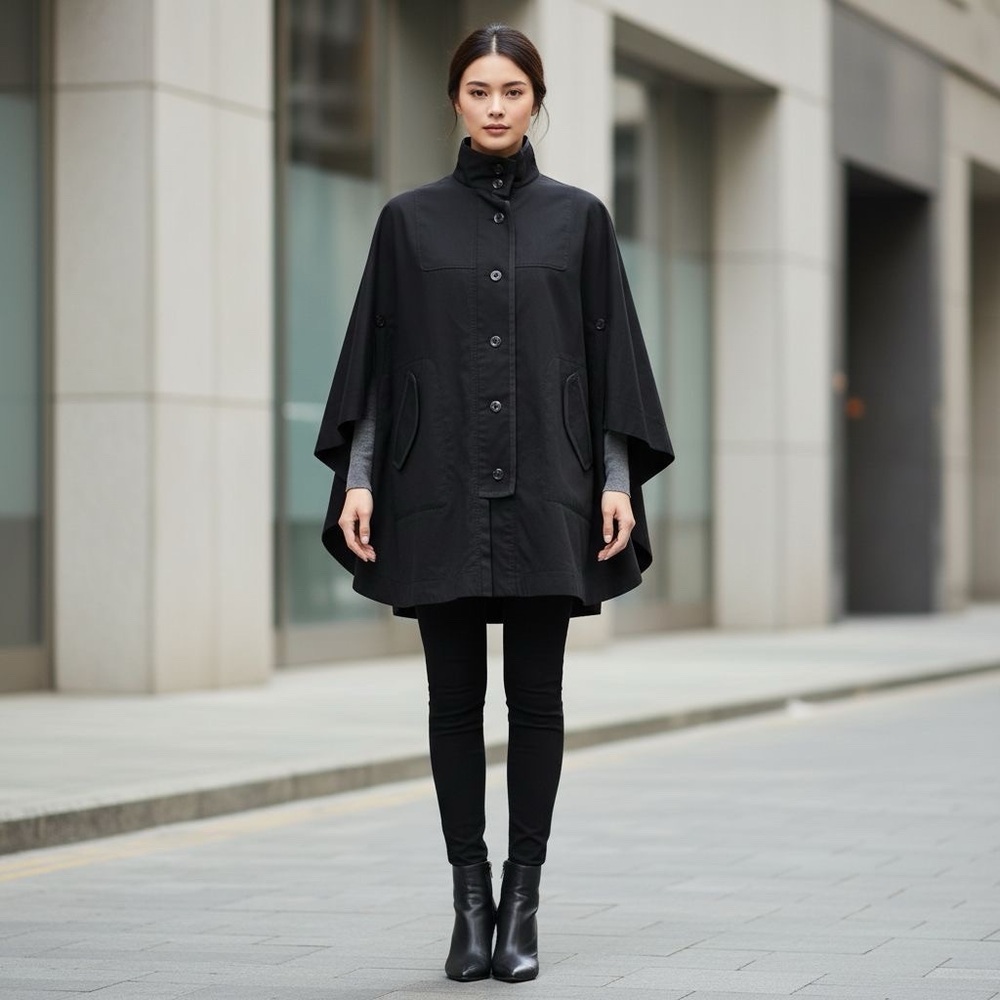 BCBGENERATION BLACK LIGHTWEIGHT PONCHO CAPE FRONT BUTTON SZ XS - Picture 16 of 16